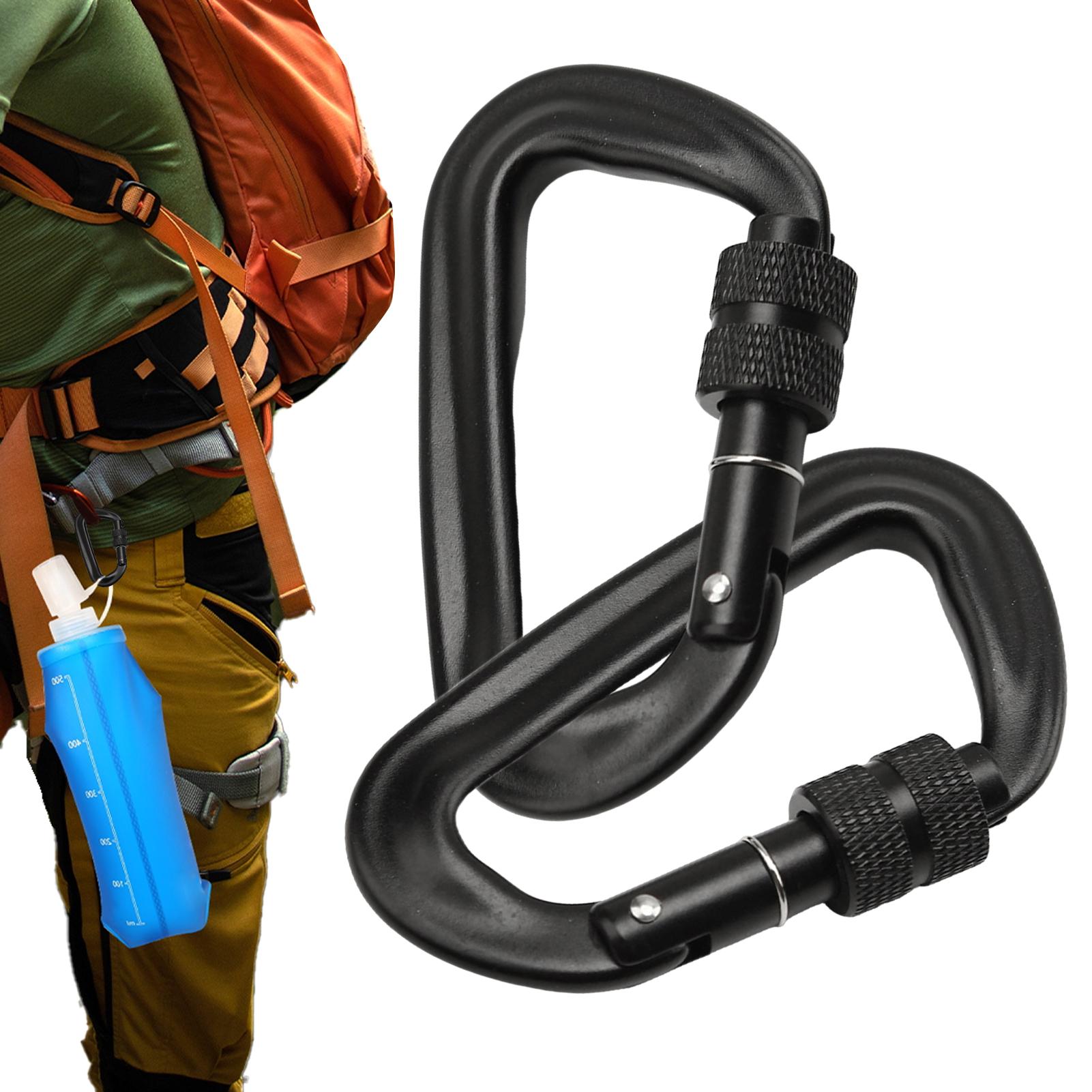 Carabiner Locking D - คาราบิเนอร์คลิป 2 ชิ้น อลูมิเนียมอัลลอยด์สำหรับงานหนัก คลิปเกี่ยวพวงกุญแจสำหรับตั้งแคมป์ ตะขอเกี่ยวแบบ