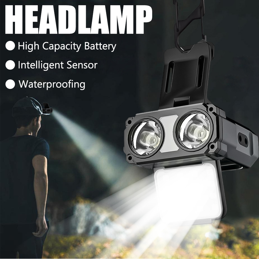 Outdoor Adventure Camp - ไฟฉายคาดศีรษะแบบหนีบหมวก LED COB พร้อมเซ็นเซอร์ ชาร์จผ่าน USB